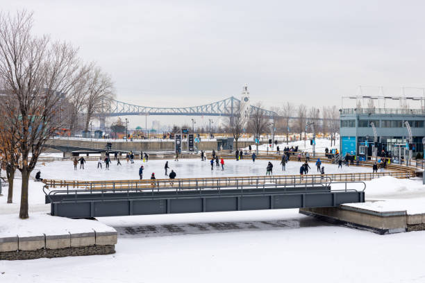 eislaufplatz am alten hafen in montreal, quebec, kanada - rathaus von montréal stock-fotos und bilder