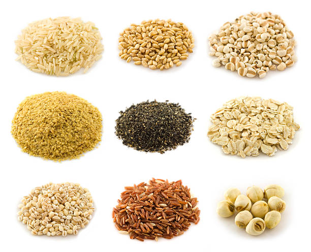 istock Assortment of grains - Rice, Oat flake, isolated on white 136198545