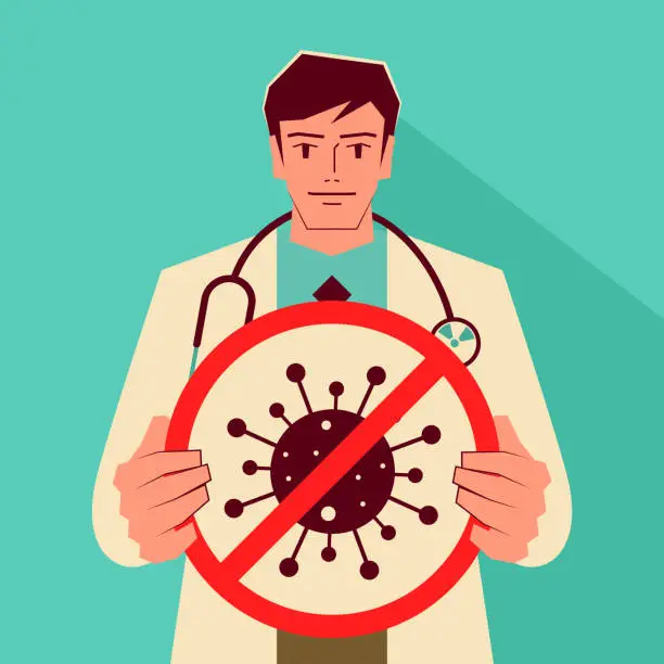 Vector illustration of The doctor is holding a coronavirus prohibitory sign (Covid Free Zone)