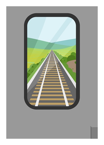 Simple flat illustration of train car back ride view in perspective view.