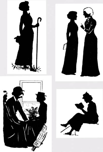 junge frau mit den silhouetten ihrer eltern - book reading dress women stock-grafiken, -clipart, -cartoons und -symbole