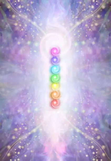 beautiful sparkling ethereal purple energy with 7 rainbow coloured chakra energy vortexes place centrally and copy space all around for messages