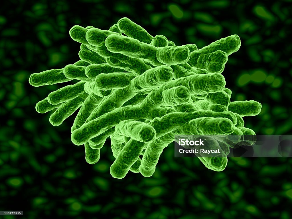 Green bacteria in 3D with a black and green background Bacteria close-up. Bacterium Stock Photo