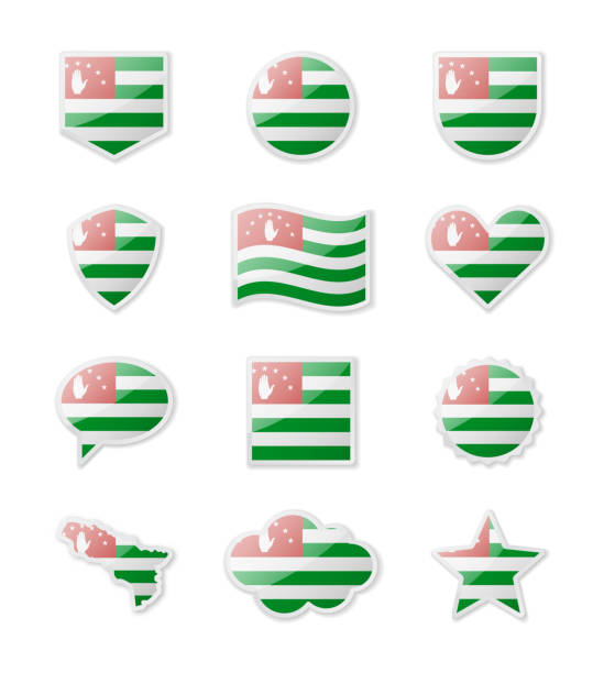 ilustraciones, imágenes clip art, dibujos animados e iconos de stock de abjasia - conjunto de banderas del país en forma de pegatinas de varias formas. - abkhazian flag