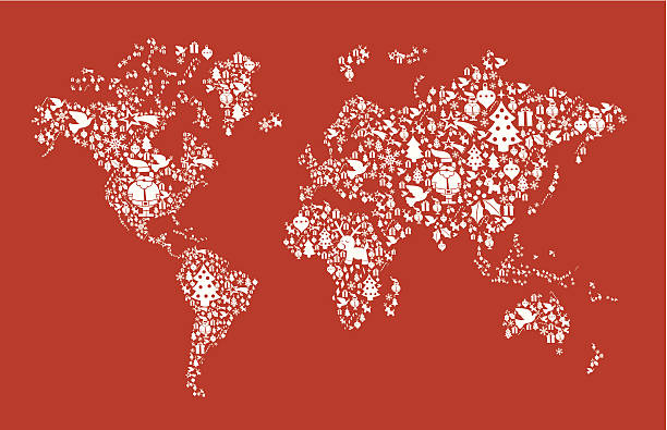 Christmas globe map concept Christmas icon set in globe world map background. Vector file available. dove earth globe symbols of peace stock illustrations