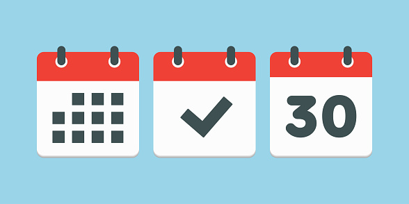 Set vector icons page calendar - number 30, mark done, agenda app. Date of week, month, year. Marks business, deadline, date icon. Yes, success, check, approved, confirm reminder and schedule