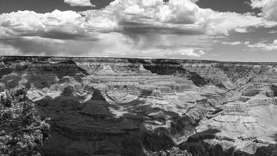 A black and white photo of the cliff faces of Grand Canyon National Park