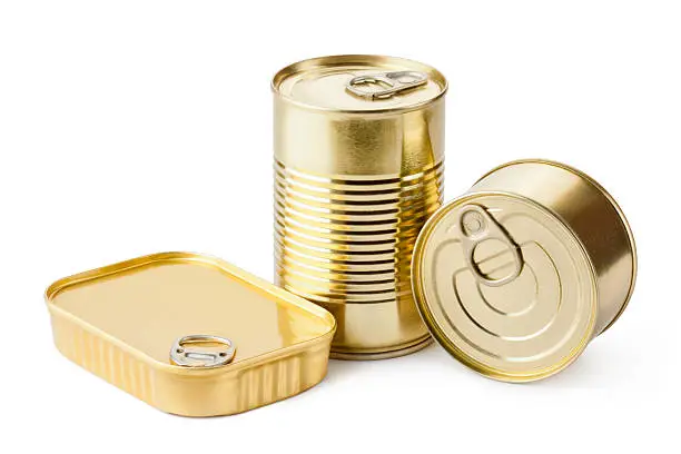 Three metallic goods can with key. Isolated on a white.