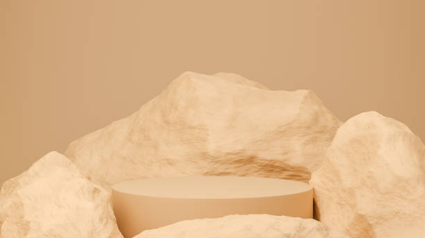 istock Circle podium brown pastel color with rock. 3D Rendering illustration. Mock-up showcase for product branding banner and cosmetics product. Product presentation minimal. 1362005713