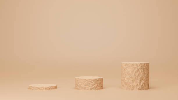 istock Circle podium brown pastel color with rock texture and three ranks. 3D Rendering illustration. Mock-up showcase for product branding banner and cosmetics product. Product presentation minimal. 1362005714
