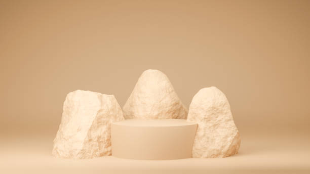 istock Circle podium brown pastel color with rock. 3D Rendering illustration. Mock-up showcase for product branding banner and cosmetics product. Product presentation minimal. 1362005715