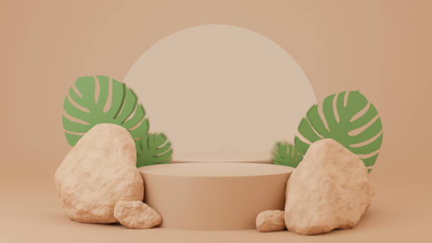 istock Circle podium brown pastel color with circle mirror, green monstera leaf and rock. 3D Rendering illustration. Mock-up showcase for product branding banner and cosmetics product. Product presentation minimal. 1362005731