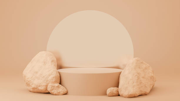 istock Circle podium brown pastel color with circle mirror and rock. 3D Rendering illustration. Mock-up showcase for product branding banner and cosmetics product. Product presentation minimal. 1362005733