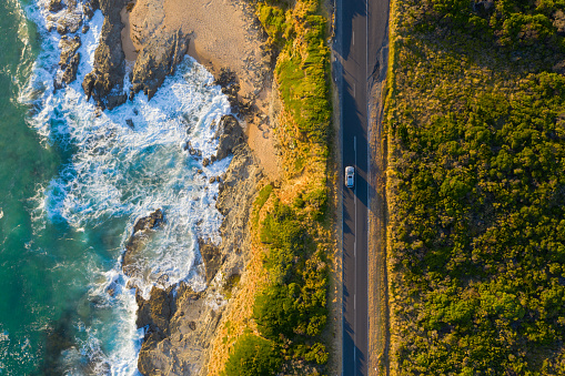 Aerial images along the Bunurong coastal road in Gippsland, Victoria captured on sunset in summer.