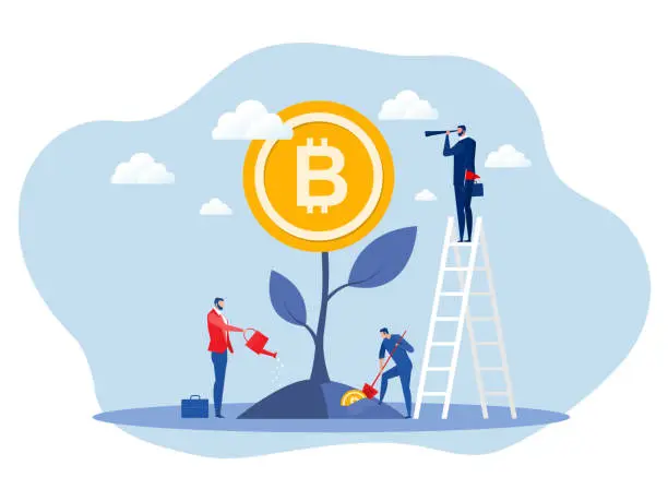 Vector illustration of businessman watering money tree with growth bitcoins , the analyst finance future. Vector illustration