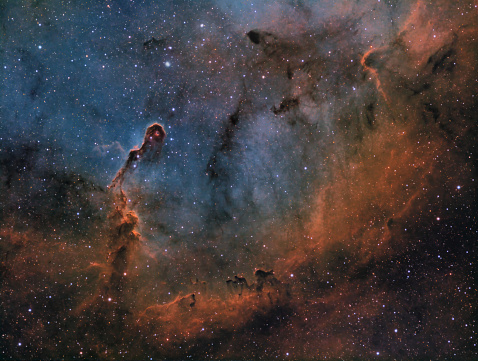 IC1396, better known as the Elephant Trunk Nebula is a combination of dust and ionized interstellar gases located about 2400 light years from Earth in the constellation of Cepheus. The image shown here is using a modified version of the Hubble Palette. The redder regions having higher concentrations of SII gas, the cyan regions being made up of primarily OIII gas while the overall green/gold and representing much of the detail is Ha gas. The star color is from RGB broadband at 60 second exposures, and the narrowband nebula detail are 900 second captures for a total of 48 hours of acquisition time.\n\nThis image was captured using amateur astrophotography equipment including a Skywatcher 80mm telescope, a QHY269M monochrome camera and a seven position filter wheel containg Red, Green, Blue, Hydrogen Alpha, Oxygen III and Sulphur II filters. Tracking was done using an iOptron CEM70G mount and PHD2 guiding software.  It was entirely processed using PixInsight.