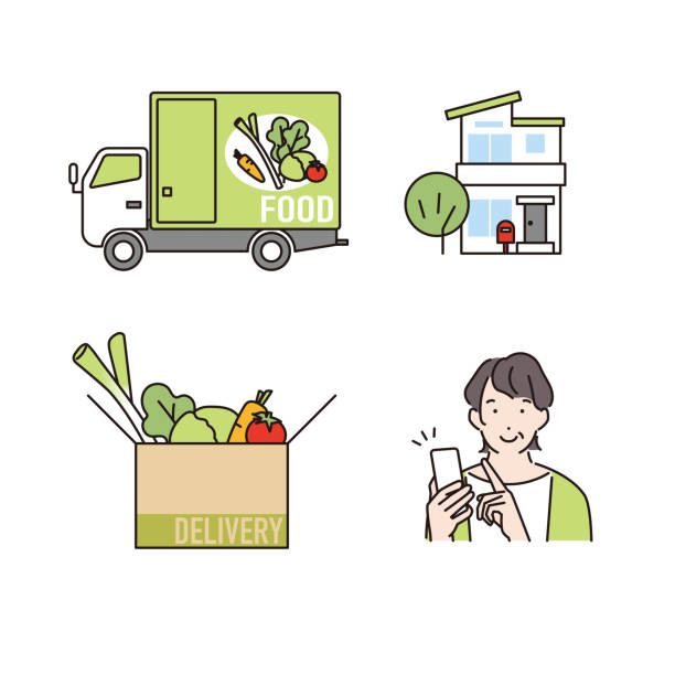 ilustraciones, imágenes clip art, dibujos animados e iconos de stock de ilustración de una mujer que utiliza un servicio de entrega de alimentos - meals on wheels illustrations