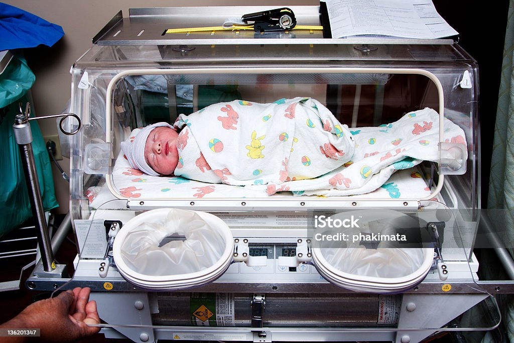 Cute sick baby in incubator Cute sick newborn premature neonatal baby swaddled in bunny blanket placed in incubator chamber in hospital. Hospital Stock Photo