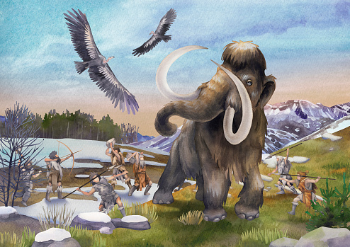 Watercolor scene of primordial humans hunting on a mammoths. Hand painted historical illustration of the Ice Age