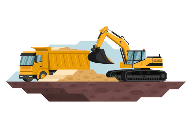 ilustrações de stock, clip art, desenhos animados e ícones de crawler excavator filling a dump truck in a construction and mining with heavy machinery 3d - coal crane transportation cargo container