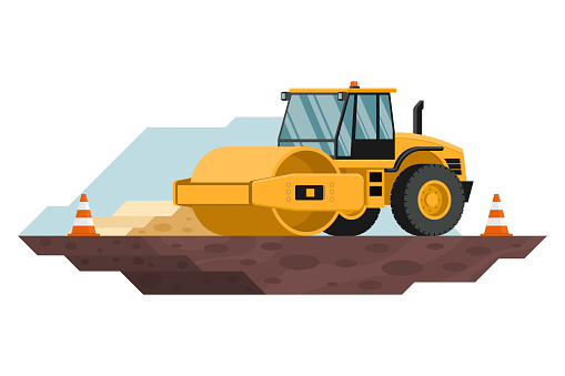 Soil compactor roller with safety cones in construction and mining work with heavy machinery 3d