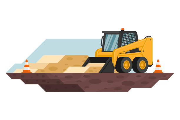 ładowarka o sterowaniu burtowym ze stożkami bezpieczeństwa w pracach budowlanych i górniczych z ciężkimi maszynami 3d - loading earth mover skidding construction equipment stock illustrations