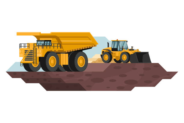 illustrazioni stock, clip art, cartoni animati e icone di tendenza di camion da miniera e caricatore frontale nei lavori di costruzione e estrazione mineraria con macchinari pesanti 3d - giacimento