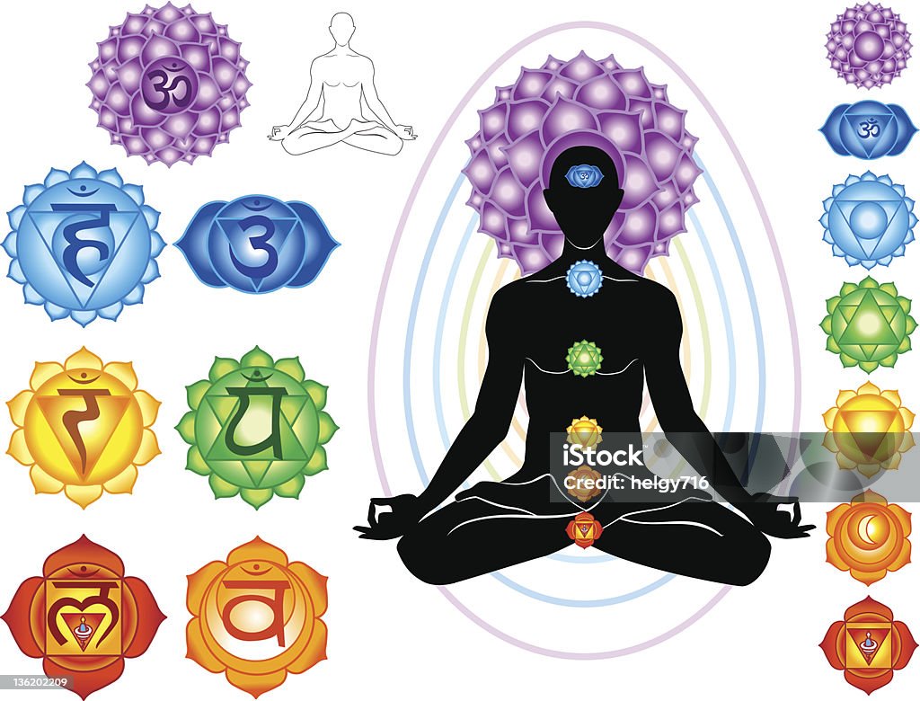 Symbols of chakra Silhouette of man with symbols of chakra Aura stock vector