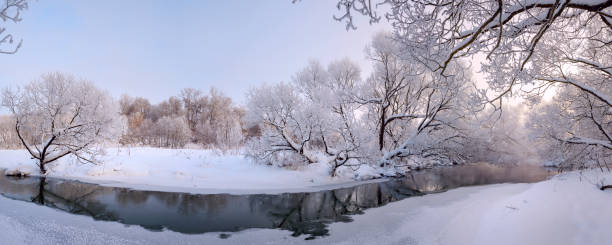 istock Winter landscape with calm forest river and snow covered trees 1362022478