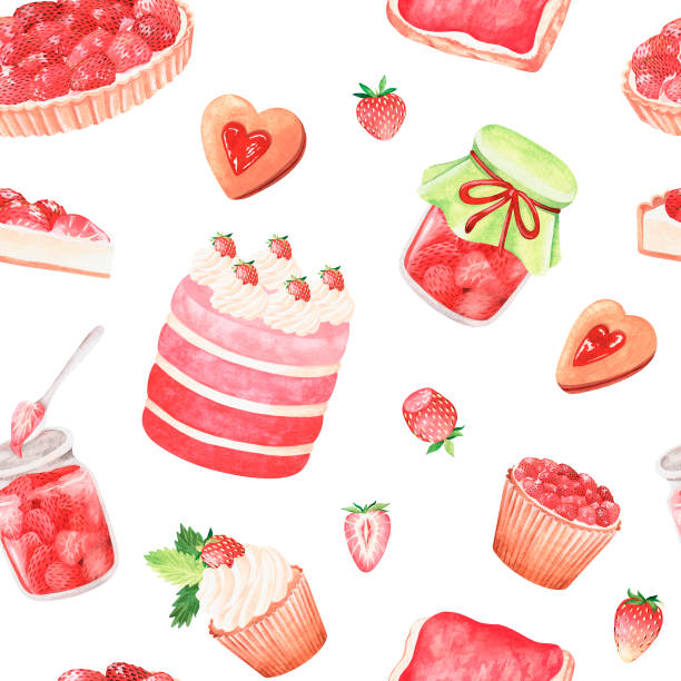 딸기 과자의 매끄러운 패턴. 수채화 빈티지 일러스트. 흰색 배경에서 격리 - cupcake sugar isolated on white white background stock illustrations