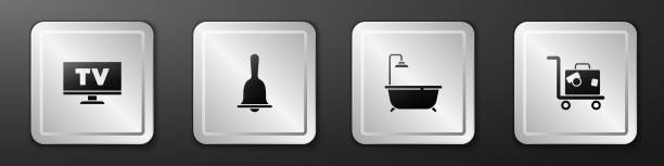 set smart tv, hotel-service-klingel, badewanne mit dusche und koffer-symbol. silberne quadratische taste. vektor - service bell suitcase hotel luggage stock-grafiken, -clipart, -cartoons und -symbole