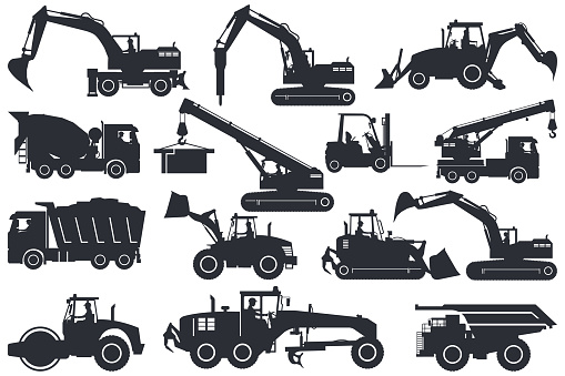 set of heavy machinery silhouettes, truck, soil compactor, backhoe, excavator, forklift, front loader, crane, motor grader, hammer, for construction and mining