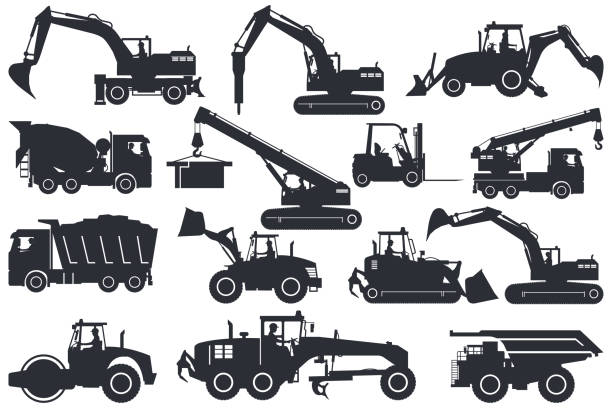 set of heavy machinery silhouettes, truck, soil compactor, backhoe, excavator, forklift, front loader, crane, motor grader, hammer, for construction and mining set of heavy machinery silhouettes, truck, soil compactor, backhoe, excavator, forklift, front loader, crane, motor grader, hammer, for construction and mining concrete silhouettes stock illustrations