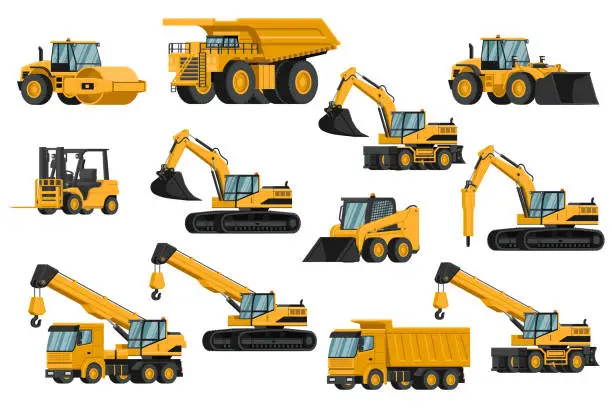 Vector illustration of Set of heavy machinery 3d, truck, soil compactor, backhoe, excavator, forklift, front loader, crane, hammer, for construction and mining