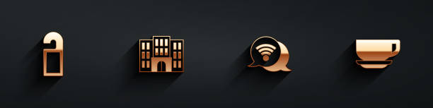 istock Set Please do not disturb, Hotel building, Wi-Fi wireless internet and Coffee cup icon with long shadow. Vector 1362032551