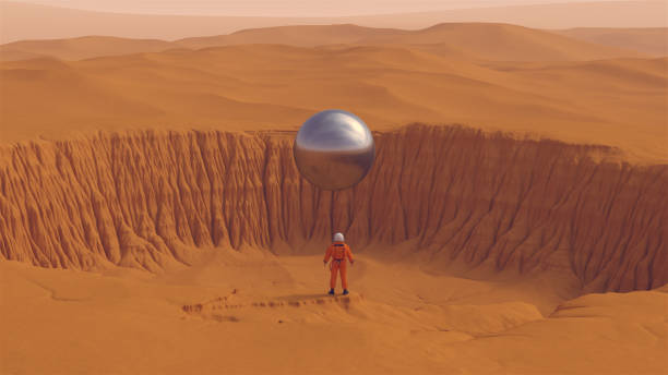 istock Orange Spaceman Spacewoman With Large Alien Silver Sphere Crater Desert Sand Dune Sci Fi Astronaut Cosmonaut Landscape 1362044318