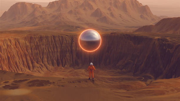 Orange Spaceman Spacewoman With Large Alien Silver Sphere Crater Arid Desert Mountain Sci Fi Astronaut Cosmonaut Landscape