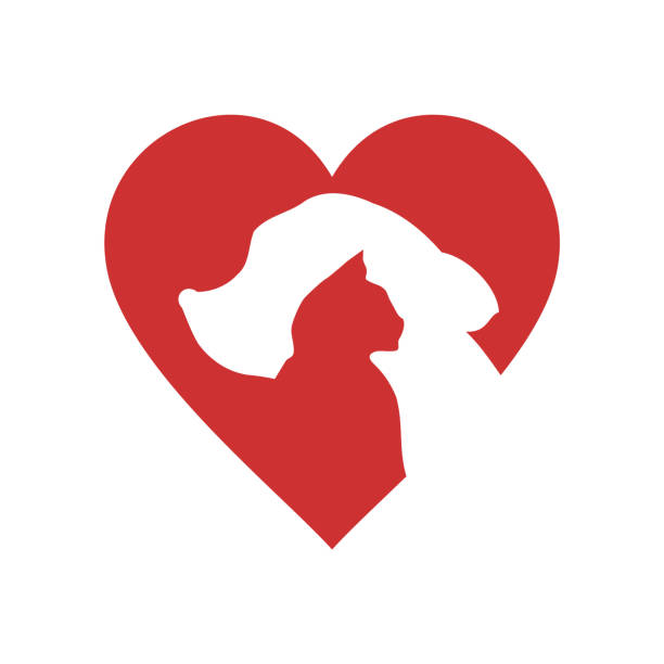 Dog and cat inside red heart. Animal shelter sign or symbol. Veterinary care logo. Animal lover concept. Pet shop emblem. Canine and feline friends. Cat dog help. Vector illustration, flat, clip art. animal shelter stock illustrations