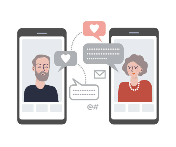 Senior people on smartphones. Elderly couple using modern technology to communicate. Senior people on smartphones. Elderly couple using modern technology to communicate. internet dating stock illustrations