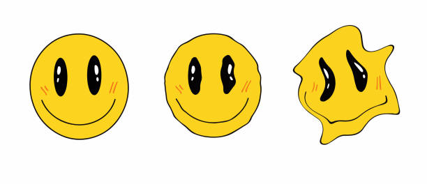 Retro melting crazy and dripping smiley face. Distorted yellow face. Hippie groovy smile character vector set. Vector illustration Retro melting crazy and dripping smiley face. Distorted yellow face. Hippie groovy smile character vector set. Vector illustration. melting brain stock illustrations