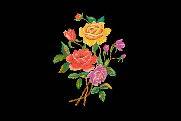 roses embroidered with colored threads isolated on black background