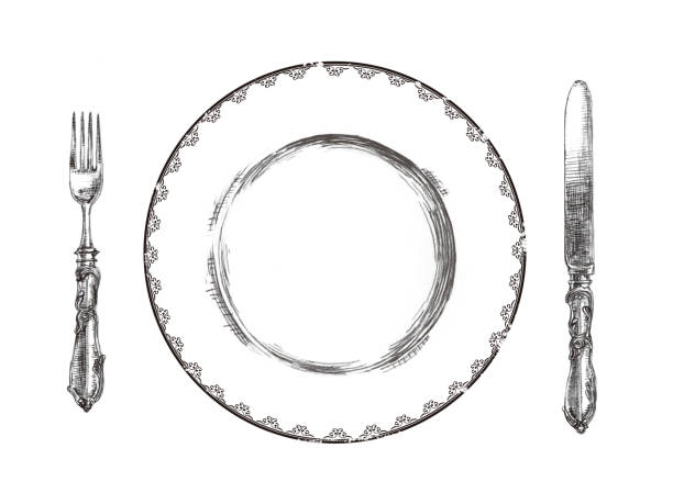 ilustraciones, imágenes clip art, dibujos animados e iconos de stock de cuchillo, tenedor y plato, aislados sobre fondo blanco. icono simple. - dining table illustrations