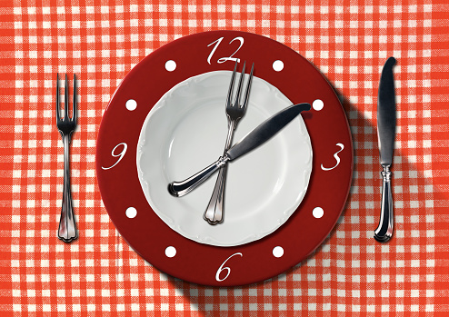 Lunch Time Clock - White and Red Plate with Fork and Knife