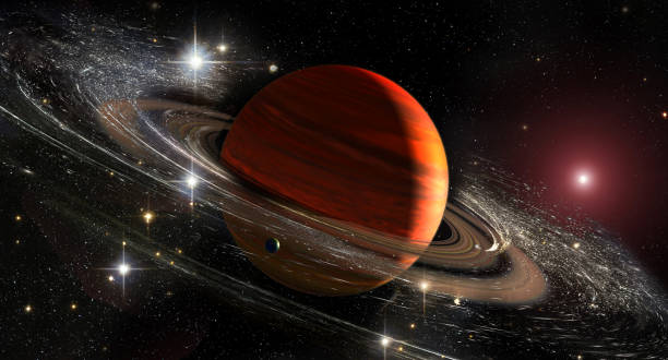 Saturn planet with rings in outer space among star dust and srars. Titan moon seen. Elements of this image furnished by NASA. stock photo