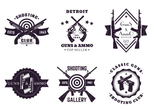 guns and ammo, vintage logos, badges with automatic rifles, crossed revolvers, pistols, shooting gallery logo with assault rifles and shotguns on white guns and ammo, vintage logos, badges with automatic rifles, crossed revolvers, pistols, shooting gallery logo with assault rifles and shotguns on white ak 47 bullets stock illustrations