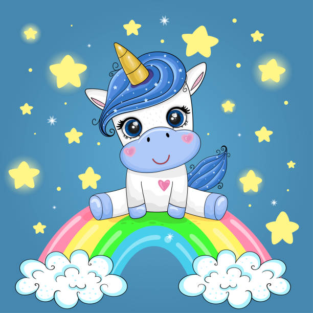 Cute Cartoon Unicorn sitting on a rainbow on a background of the night sky. Good for greeting cards, invitations, decoration, Print for Baby Shower etc. Cute Cartoon Unicorn sitting on a rainbow on a background of the night sky. Good for greeting cards, invitations, decoration, Print for Baby Shower etc Unicorn stock illustrations