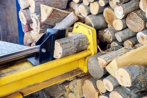 Using hydraulic splitter machine wood splitting a log