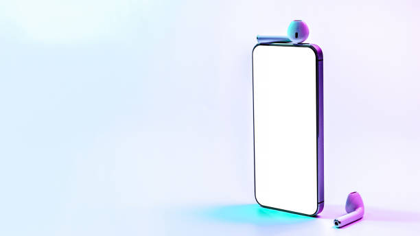 istock Screen mockup. Mobile smartphone technology blank screen. Mock up smart phone device, audio headphones on neon gradient banner. Game design, mobile application presentation or portfolio mockups. 1362079695