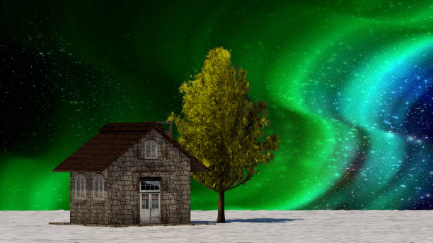 istock 3d rendering tree and house in full leaf in winter  against sky 1362081002