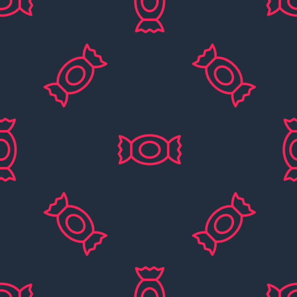красная линия candy иконка изолирована бесшовным узором на черном фоне. счастливой вечеринки на хэллоуин. вектор - seamless croissant pattern ice stock illustrations